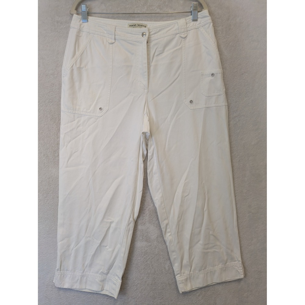 Marsh Landing Capri Pants Women's 12 White Stretch Cropped Mid Rise Slit Hem